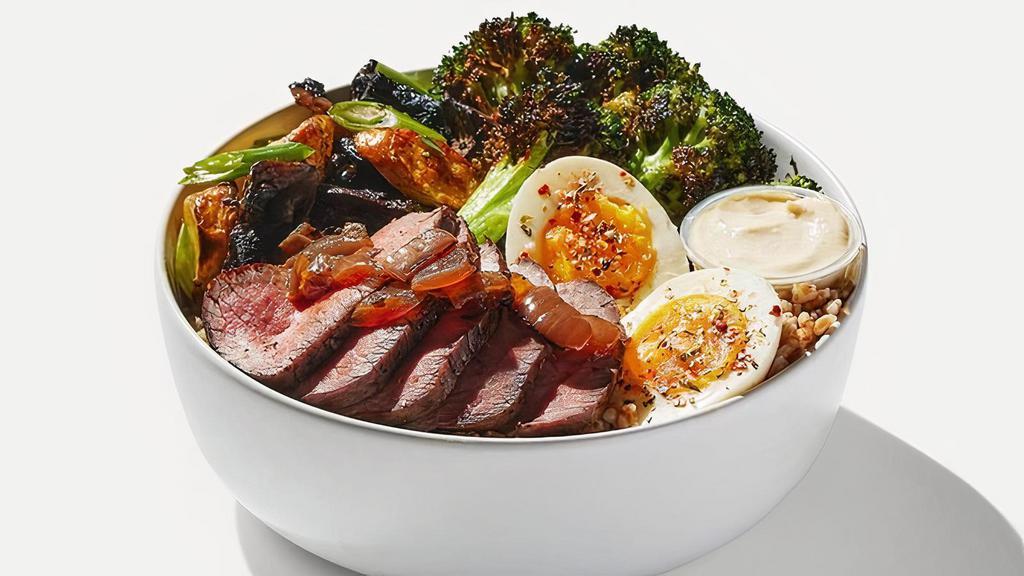 Steak & Spring Vegetables · Peppercorn steak with grilled onion, roasted mushrooms & fingerlings, charred broccoli with lemon, lemon & herb farro, a jammy egg, and garlic aioli on the side.