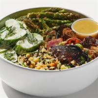 Spring Harvest · Quinoa & lentils, vegan ranch cucumbers, roasted asparagus with mint, roasted mushrooms and ...