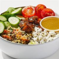 Mediterranean Salad · Quinoa & lentil, cucumbers, cherry tomatoes, grilled onions, and farm greens with mint, with...