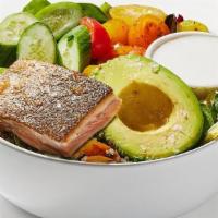 Alaskan Salmon Avocado & Lentils Salad · Quinoa & lentils, cucumbers, cherry tomatoes, Alaskan salmon, avocado, and farm greens with ...