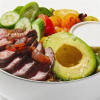 Steak Avocado & Lentils Salad · Quinoa & lentils, cucumbers, cherry tomatoes, grilled steak, avocado, and farm greens with m...