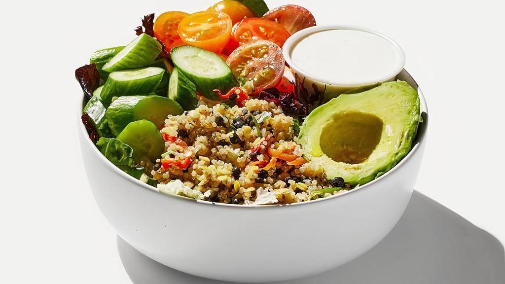 Avocado & Lentils Salad · Quinoa & lentils, cucumbers, cherry tomatoes, avocado, and farm greens with mint, with candied sunflower seeds and yogurt dill dressing on the side.