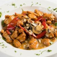 Pollo Scarpariello · Boneless chicken pieces with mushrooms, peppers, fresh garlic and olive oil.