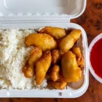 Sweet And Sour Chicken · Served with white rice.
