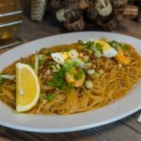 Palabok (Noodles) · Rice noodles with tasty shrimp sauce topped with smoked fish flakes, pork chicharrón, shrimp...