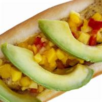 Chicken · Grilled chicken portuguese sausage, avocado, sweet mango relish, and grainy Dijon-lime musta...