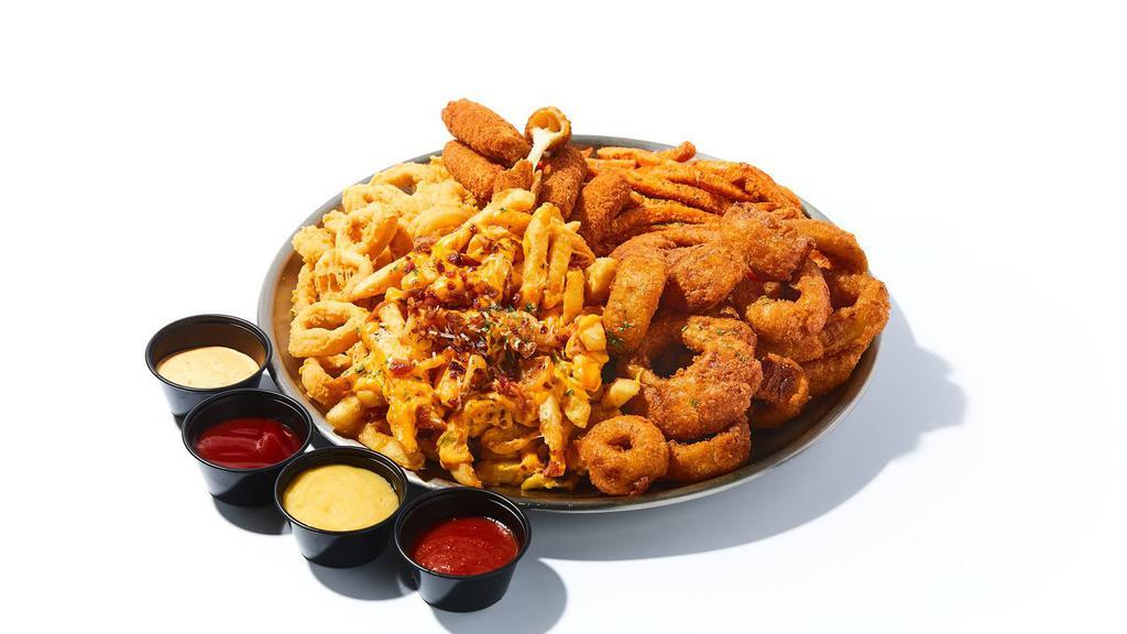 Fried Combo · Assorted fried appetizers: French fries, sweet potato fries, mozzarella sticks, onion rings and fried calamari. Served with spicy mayo, ketchup, tartar and marinara sauce.