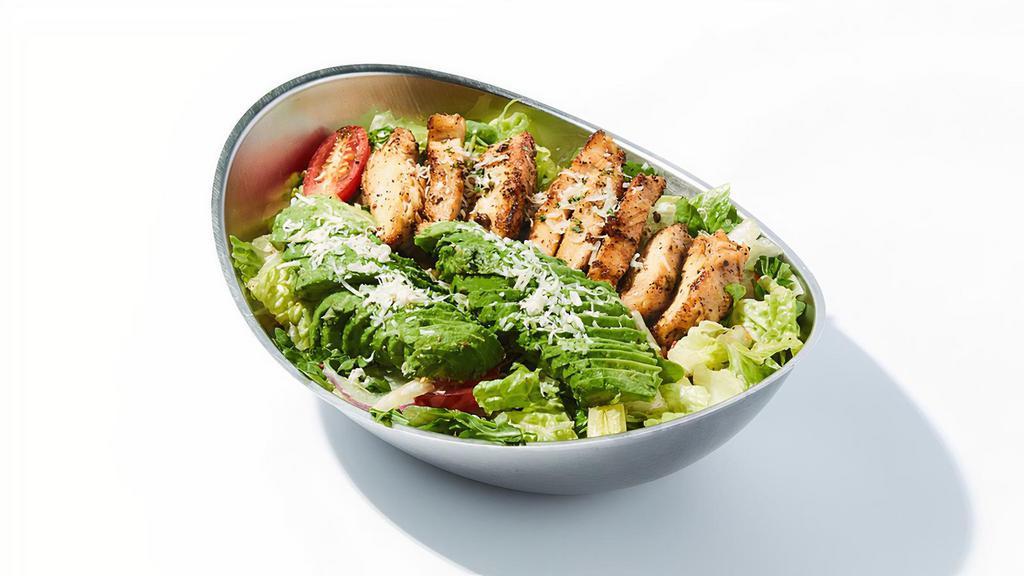 Avocado Grilled Chicken Salad · Tender strips of grilled chicken with Avocado, crisp hearts of romaine and baby arugula mixed with red onions, carrots, red & green peppers, grape tomatoes and parmesan cheese.