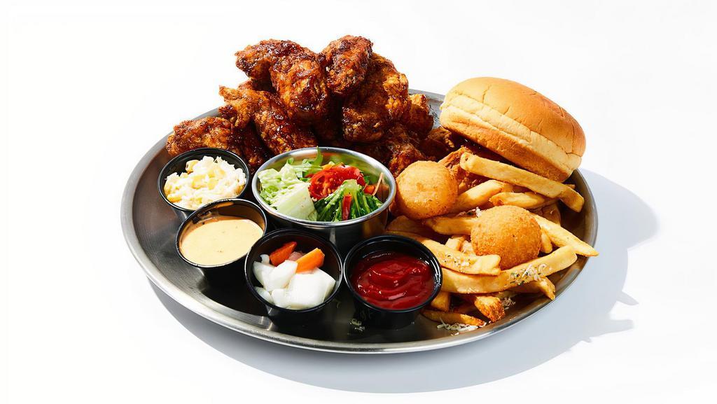 Soy Garlic Sauce Wings Combo (B) · 20 pcs of Soy Garlic Sauce Fried wings With a side of small French fries, 2pcs of cheese ball, small salad, bun.