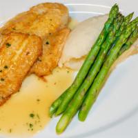 Filet Of Lemon Sole Francaise · Mashed potatoes, grilled asparagus.