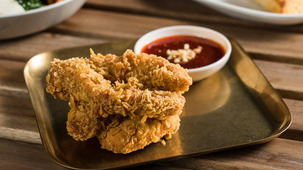 Tenders (6 Pieces - 1 Sauce) · With a choice of 1 sauce: Korean sweet gochujang (spicy), sweet black pepper soy, truffle soy garlic, or hot honey (spicy). Peanuts in KSG sauce.