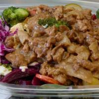 Vegan Shawarma Bowl · Our Vegan Shawarma is made with non-gmo soy protein sauteed with onions and spices.  Choose ...