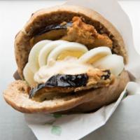 Hummus, Egg & Eggplant Sandwich · Also called Sabich...Hummus, Egg and Eggplant in a freshly baked pita with your choice of sa...