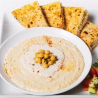 Hummus Platter · Our home-made preservative-free Hummus with salad and sauce choices from the Maoz salad bar....