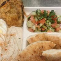 Sabich Platter · Hummus, Hard Boiled Egg, and Fried Eggplant Slices with Chopped  Israeli Salad.  Includes yo...