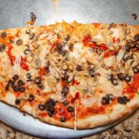 Veggie Pizza · Mushrooms, peppers, onions, black olives, tomatoes, red sauce and mozzarella.