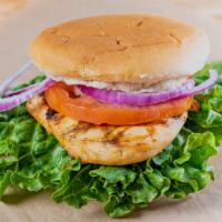 Grilled Chicken Sandwich · with Lettuce, Tomatoes & Onions.