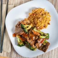 Beef Broccoli · Served with white rice. no substitution.