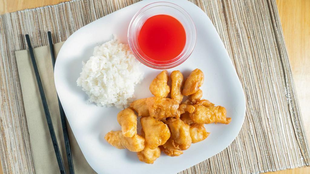 Sweet & Sour Chicken · Battered chicken with pineapples, bell peppers and onions served with a tangy citrus sauce.