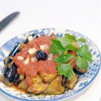 Eggplant Shakshuka · Pan Fried cubes eggplant, zucchini, Green peppers, Bell peppers with Fresh tomatoes