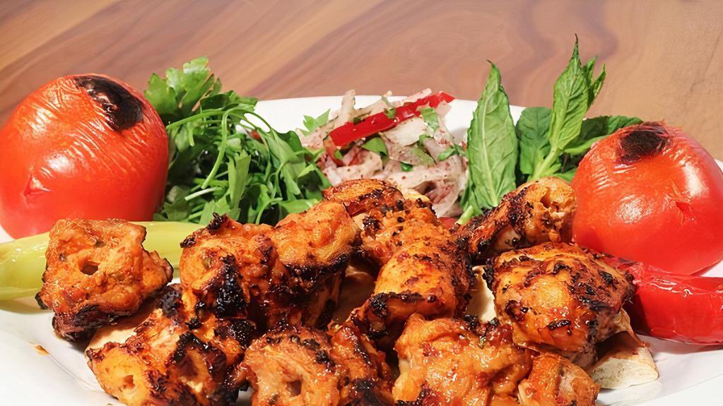Chicken Shish Kebab · Tender chunks of chicken , marinated with Chef`s own blend of herbs and spices