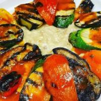 Vegetarian Shish Kebab · Tomato, zucchini , eggplant , white onions, red pepper, and fresh garlic Marinated on the gr...