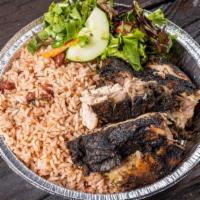 Jerk Chicken Meal Small · with Rice & Peas.
Salad or Plantains