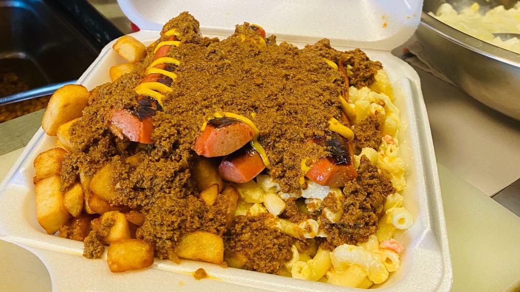 Red Hots · Hot Dogs seared to perfection served over your choice of  Mac Salad, Home Fries or Baked Beans.