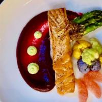 Salmon · Gluten free. Pan-seared Scottish salmon, asparagus, roasted cauliflower, beet & broccoli pur...
