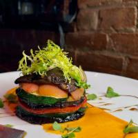 Goat Cheese & Eggplant Terrine · Gluten free, vegetarian. Goat cheese, grilled eggplant, zucchini, roasted peppers, confit to...