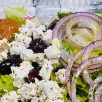 Greek Salad · Crispy Roman, feta cheese, fresh tomatoes, red onion, Kalamata olives with oil and vinegar. ...