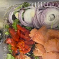 Smoke Salmon Salad · Romain lettuce, tomato, red onion, roasted peppers, olive oil, and vinegar.