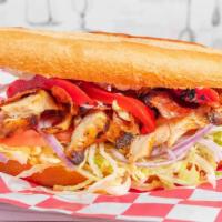 Chicken Club Sub · Grilled chicken breast, bacon, lettuce, tomato, red onion, roasted pepper, and comes with ma...