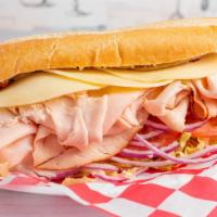 Turkey Provolone Cold Sub · Turkey, provolone cheese, lettuce, tomato, red onion, with honey mustard. Make it club for a...