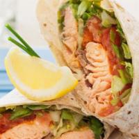 Salmon Wrap · Fresh wild grilled salmon . mixed green pepper jack cheese .and chipotle dressing