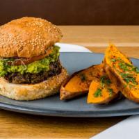 Mushroom & Black Bean Burger · pickled onions, tomato, sprouts, avocado, chipotle aioli with a side of Aleppo-roasted sweet...