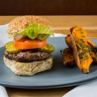 Grass-Fed Beef Burger · tomato, lettuce, pickles, house sauce with a side of Aleppo-roasted sweet potatoes, gluten f...