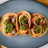 Shrimp Tacos · Gluten-free, dairy-free. pickled cabbage, charred scallion pebre, avocado. lettuce wraps ava...