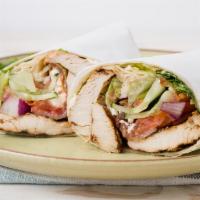 Mediterranean Wrap · Grilled chicken, feta cheese, cucumber, red onion, tomato, and Greek sauce.