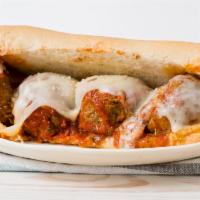 Meatball Parm · Meatball parmesan on a toasted garlic hero bread with mozzarella cheese and parmesan cheese.