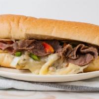 Philly Cheesesteak · Grilled roast beef, melted provolone cheese, onion, and green pepper on a hero.
