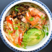 Roasted Salmon Bowl · Roasted mushrooms, pickled veggies, avocado, quinoa.