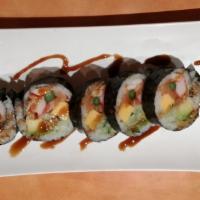 Ura Roll · Smoked salmon, eel, shrimp, crabmeat, avocado, cucumber, asparagus and egg inside with eel s...