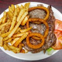 Open Faced Rib Eye · Served over toast with french fries, onion rings and a side salad.