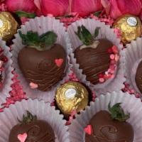 Chocolate Covered Berries & Roses Gourmet Chocolate  · Balloons and a card included

Half dozen gourmet chocolate berries , gourmet candy & roses