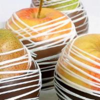 Half Dozen Chocolate Covered Pears  · Includes: 
• Fresh Apples & Pears 
• Dipped in Belgian Chocolate 
• Chocolate Decorative Dri...