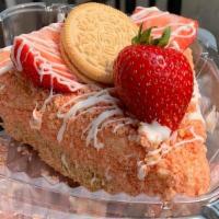 Strawberry Crunch Cheesecake Slice  · Strawberry Crunch Fresh Strawberries & Oreo Topping  Drizzled with Vanilla