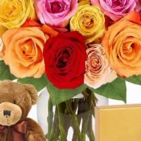 Mixed Rose Bouquet , Teddy Bear & Godiva · One dozen mixed rainbow roses make a stunning presentation. We have sweetened this gift by a...