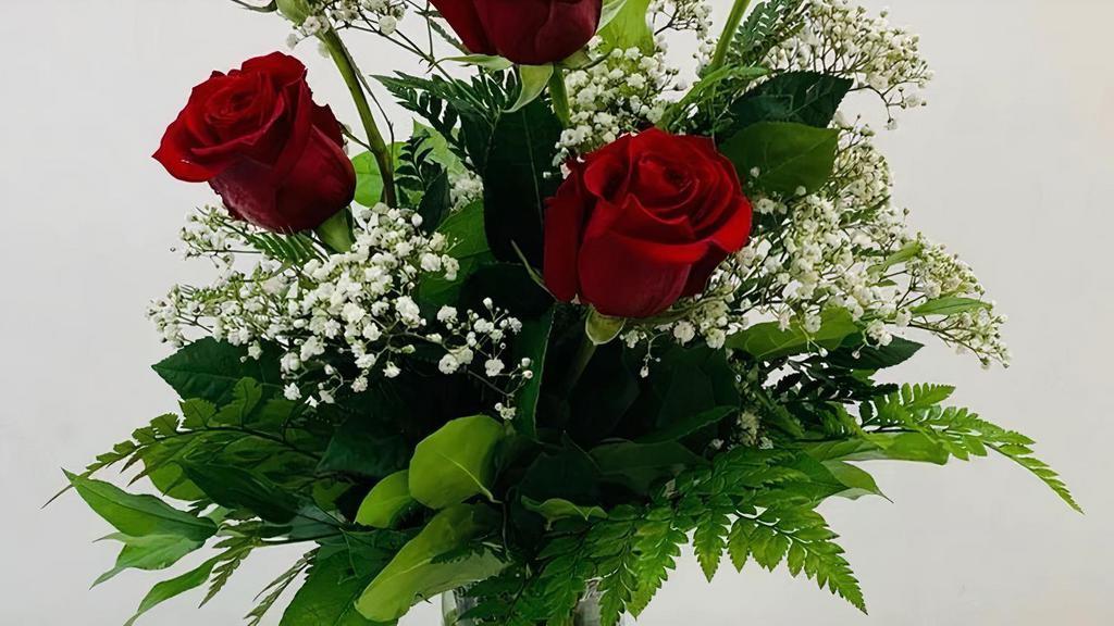 Red Roses & Vase  · 6 - 8 Roses In A Vase Color Subject To Change 
Same Day Delivery On All Arrangements