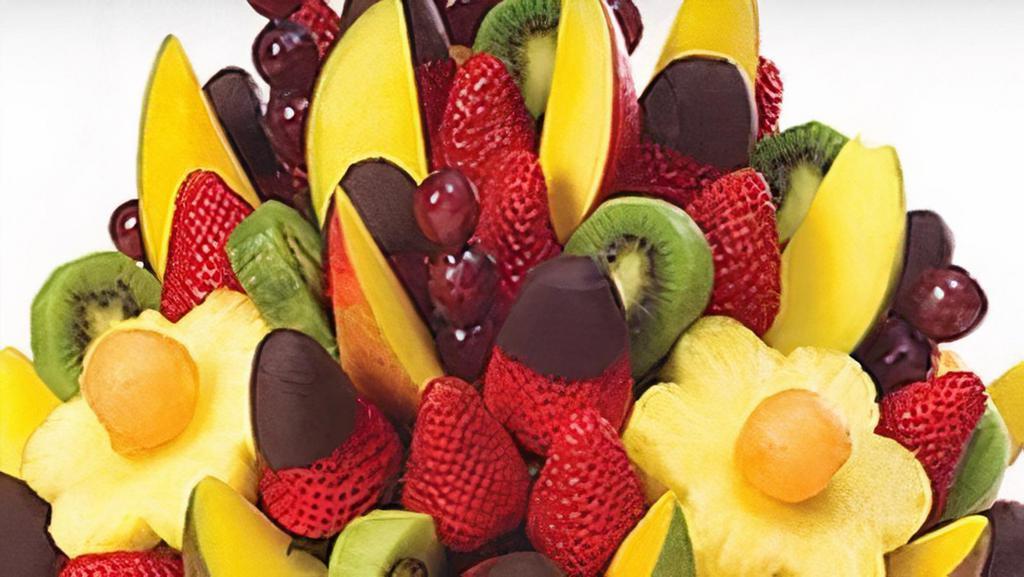 Sweet Treat Bouquet  · Ballon & Card Included 
Strawberries 
Pineapple 
Pineapple 
Cantaloupe
Chocolate Dipped Berries 
 kiwi 
Mangos 
Apples